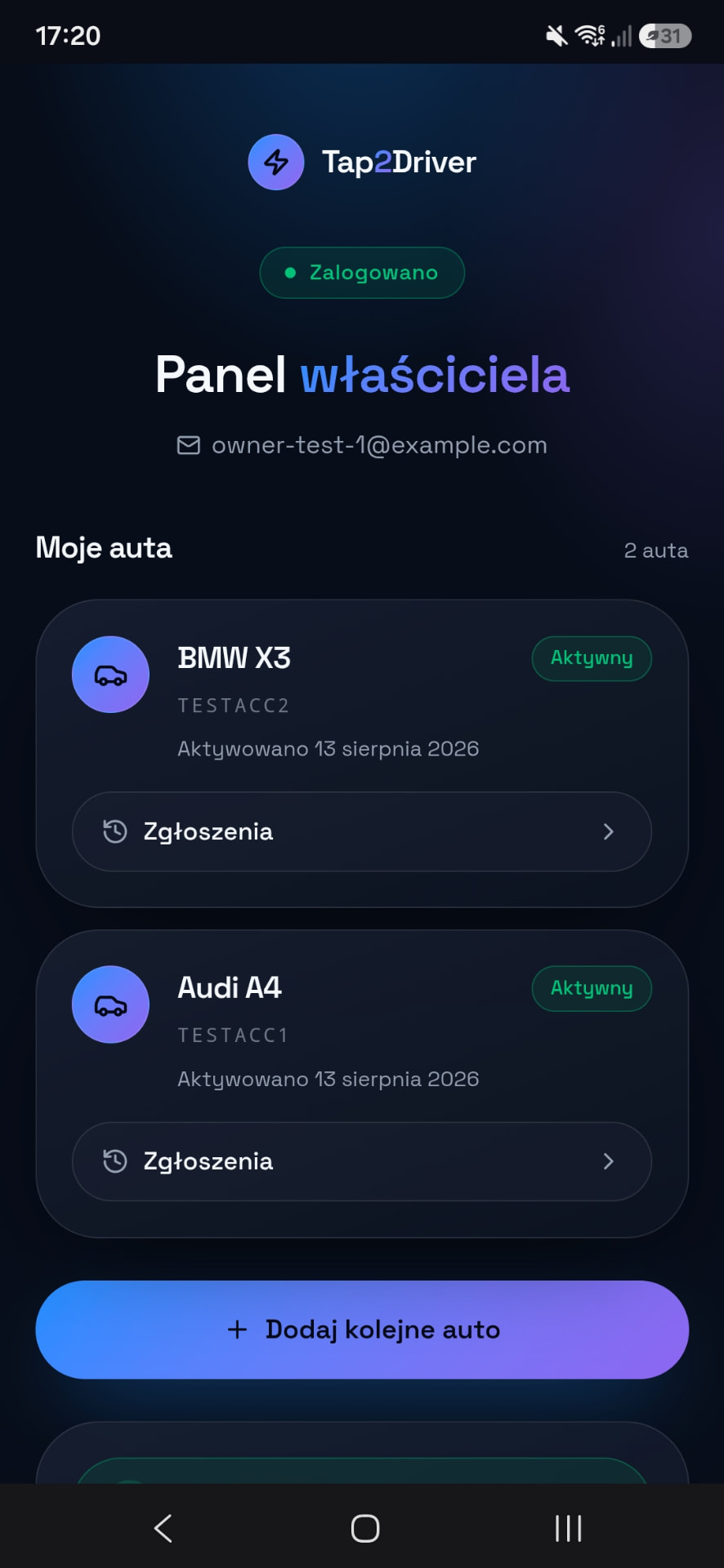 Panel właściciela Tap2Driver z listą aut